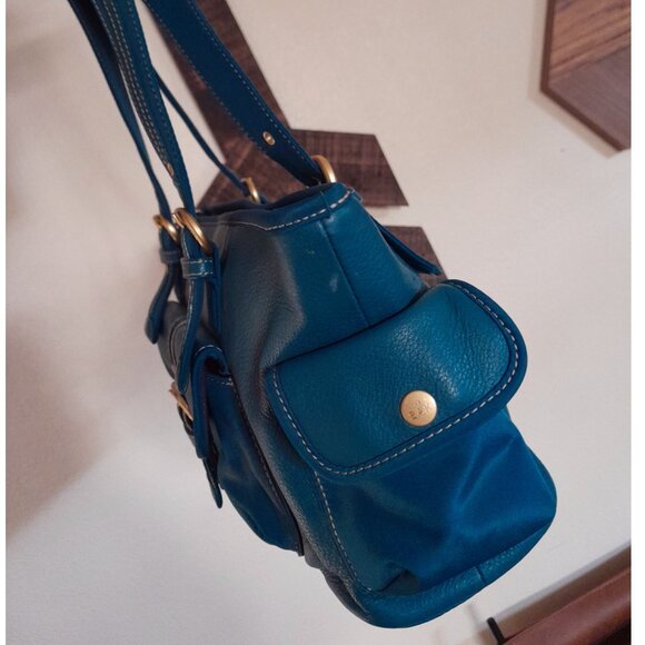 Leather 100% Nylon Trim The Sak Teal Blue Gold Shoulder Bag Medium - Picture 3 of 9